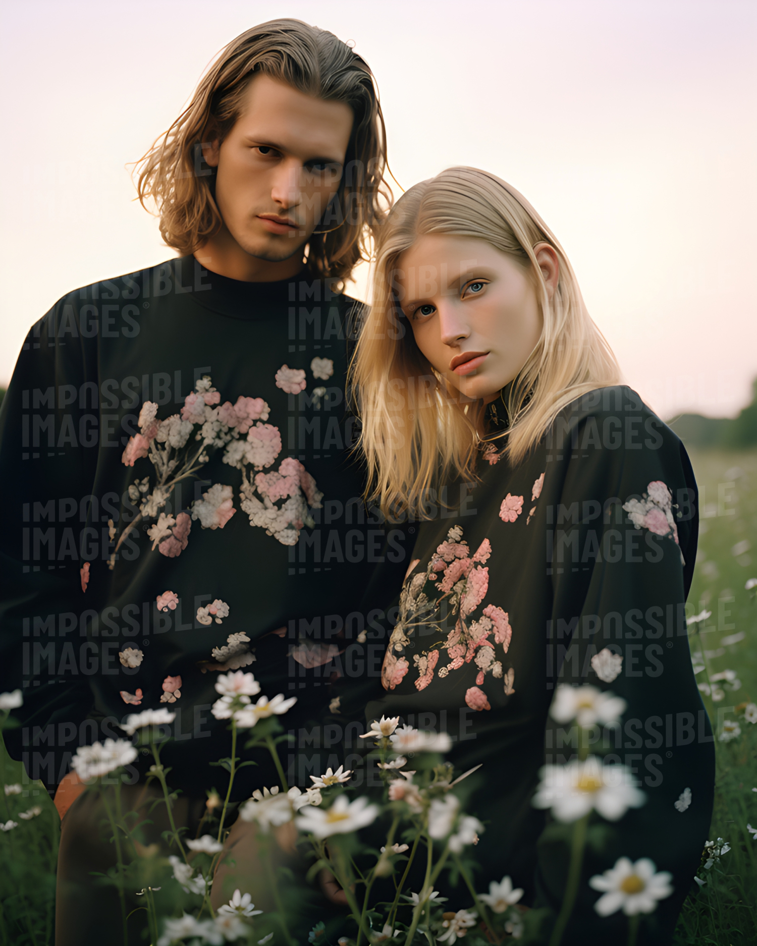 A man with long hair and a blonde woman posing in a meadow