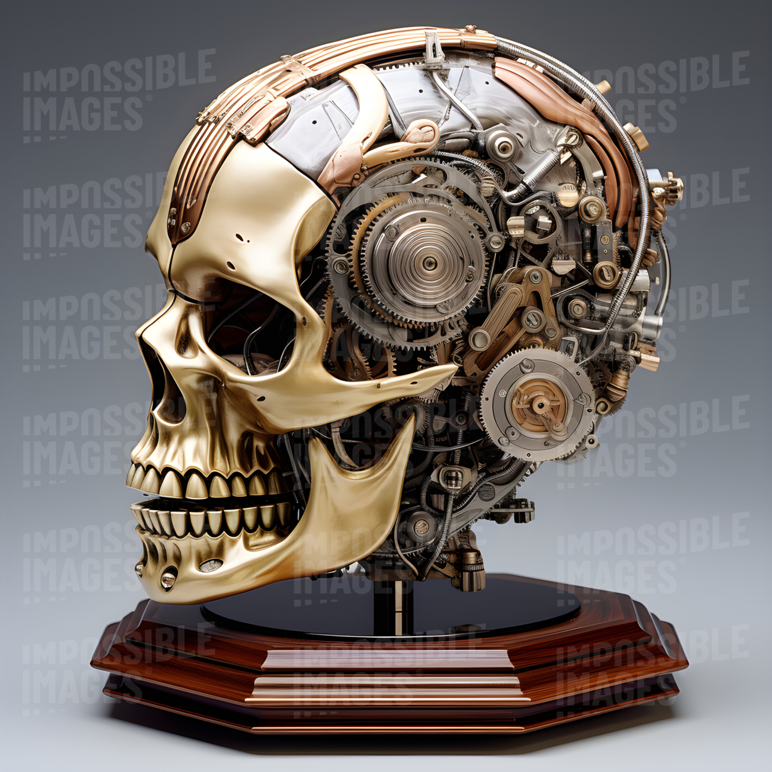 Ornate model of a stylised human skull with complex clockwork inside