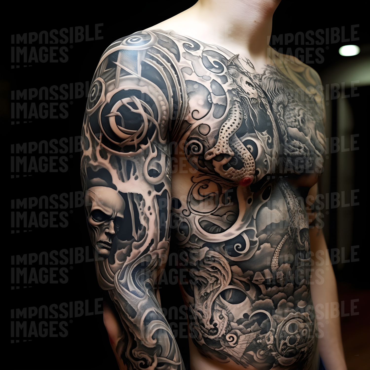 Super intricate tattoo covering a man’s arm and torso - 