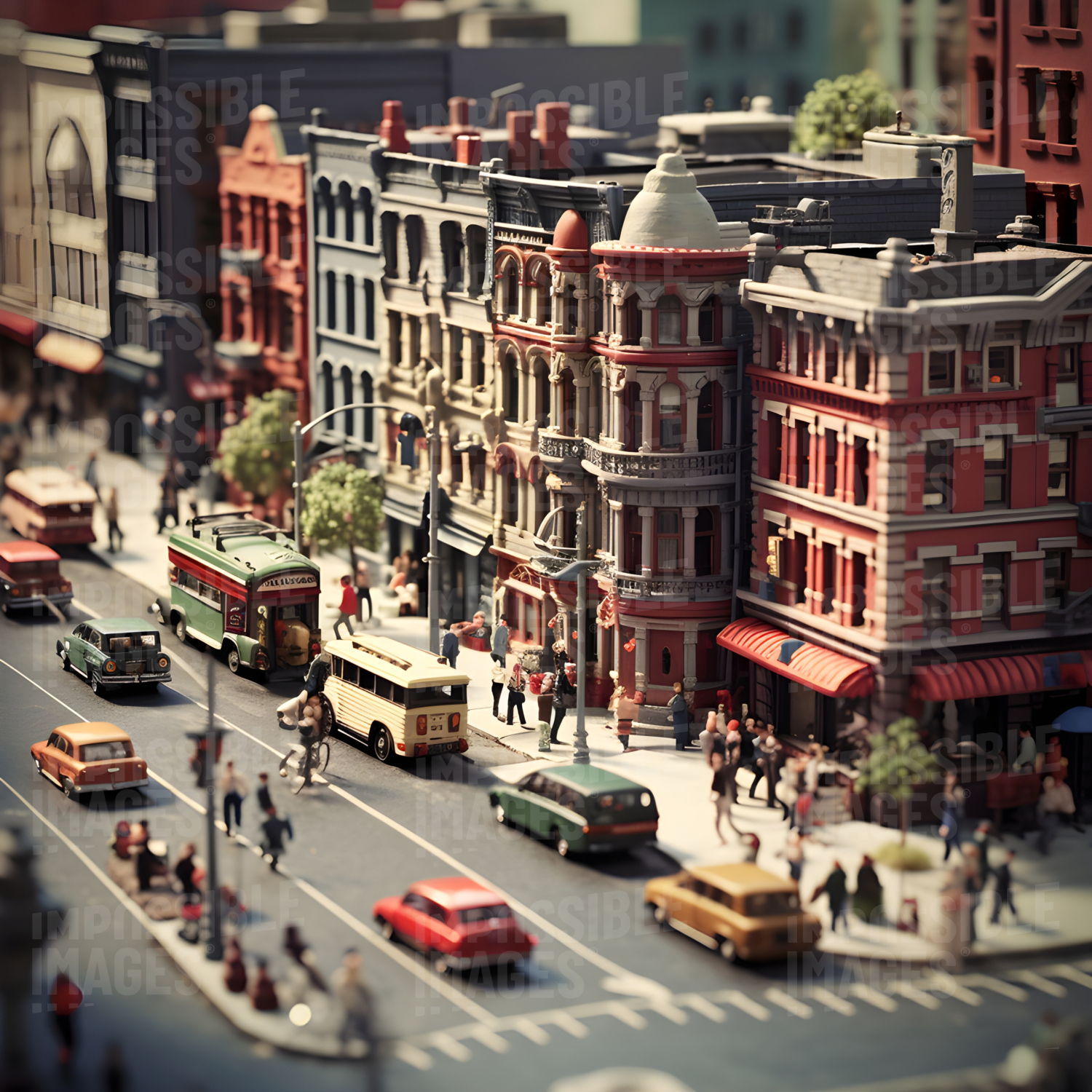 Model of a busy mid twentieth century city street corner