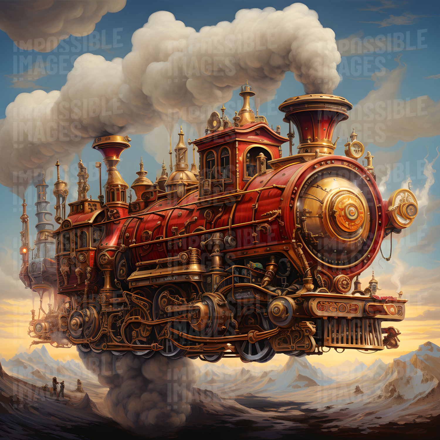 Ornate magical steam locomotive flying through the sky over a mountain range -  A majestic steam locomotive, adorned with magical symbols, soars through the sky above a majestic mountain range.