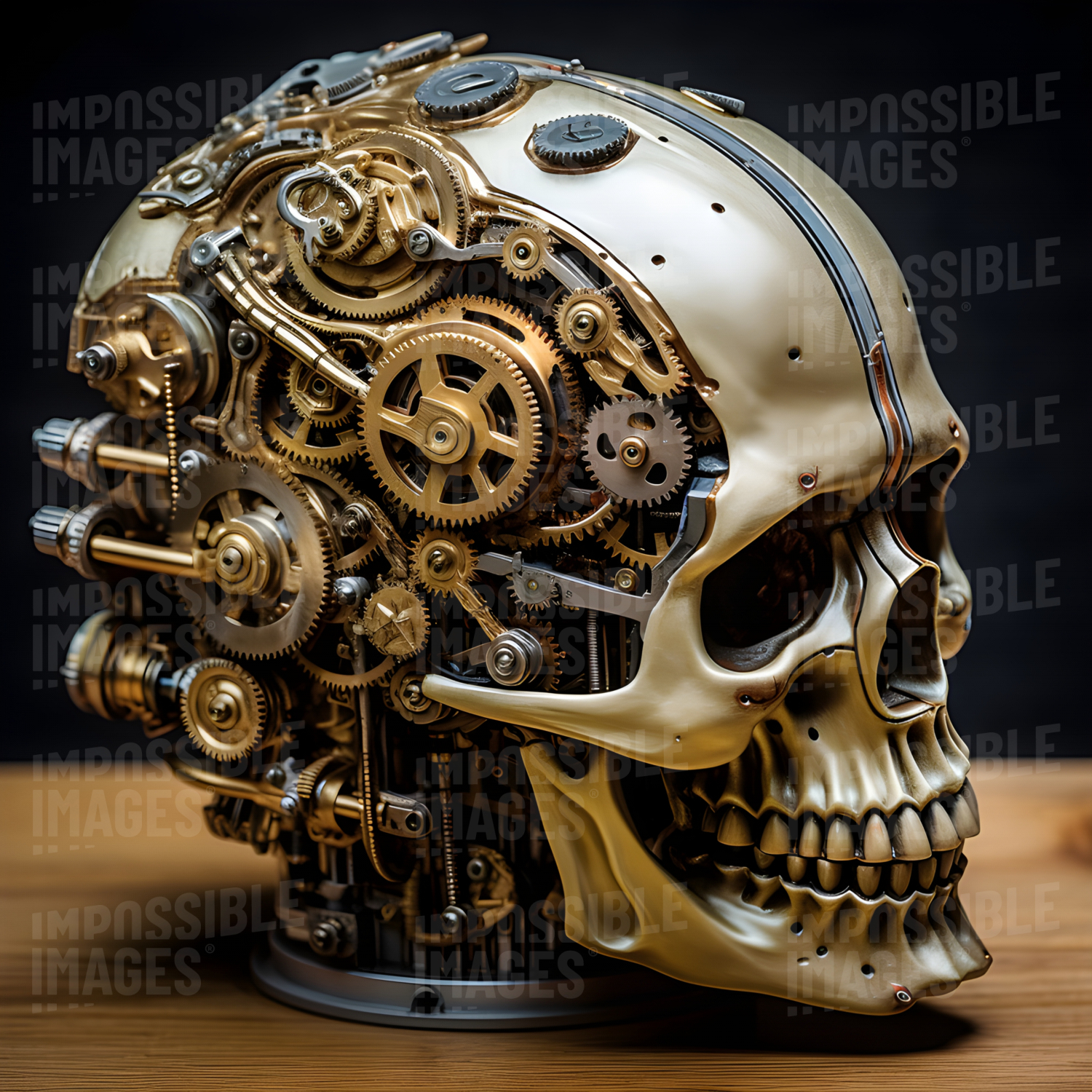 Ornate model of a stylised human skull with complex clockwork inside -  An intricately crafted model of a stylised human skull, with a complex clockwork mechanism inside, intricately designed with ornate details.