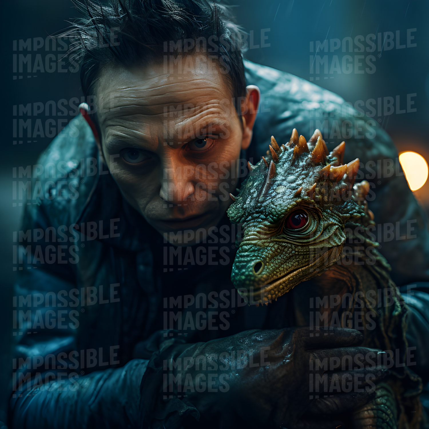 Sinister man with a baby pet dragon