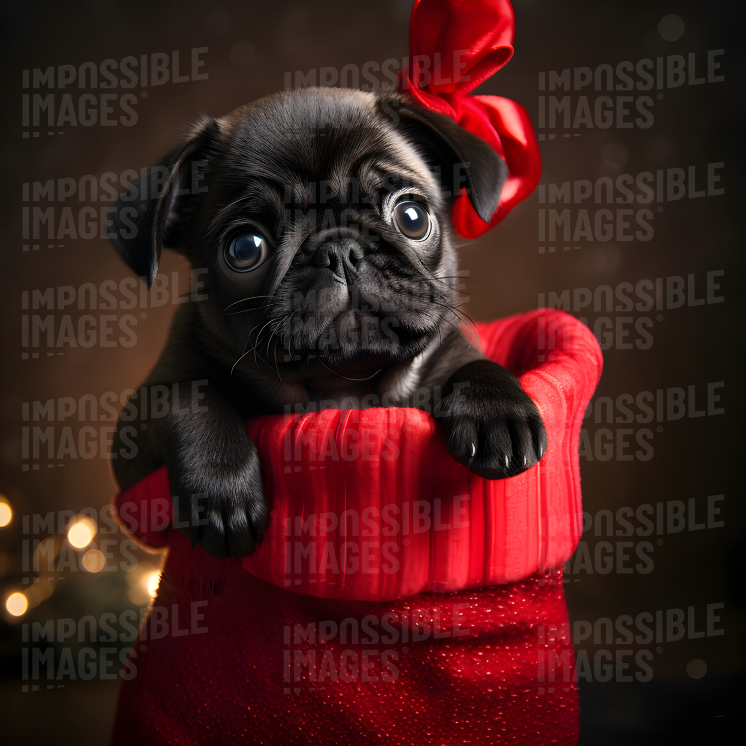 Pug puppy in a christmas stocking