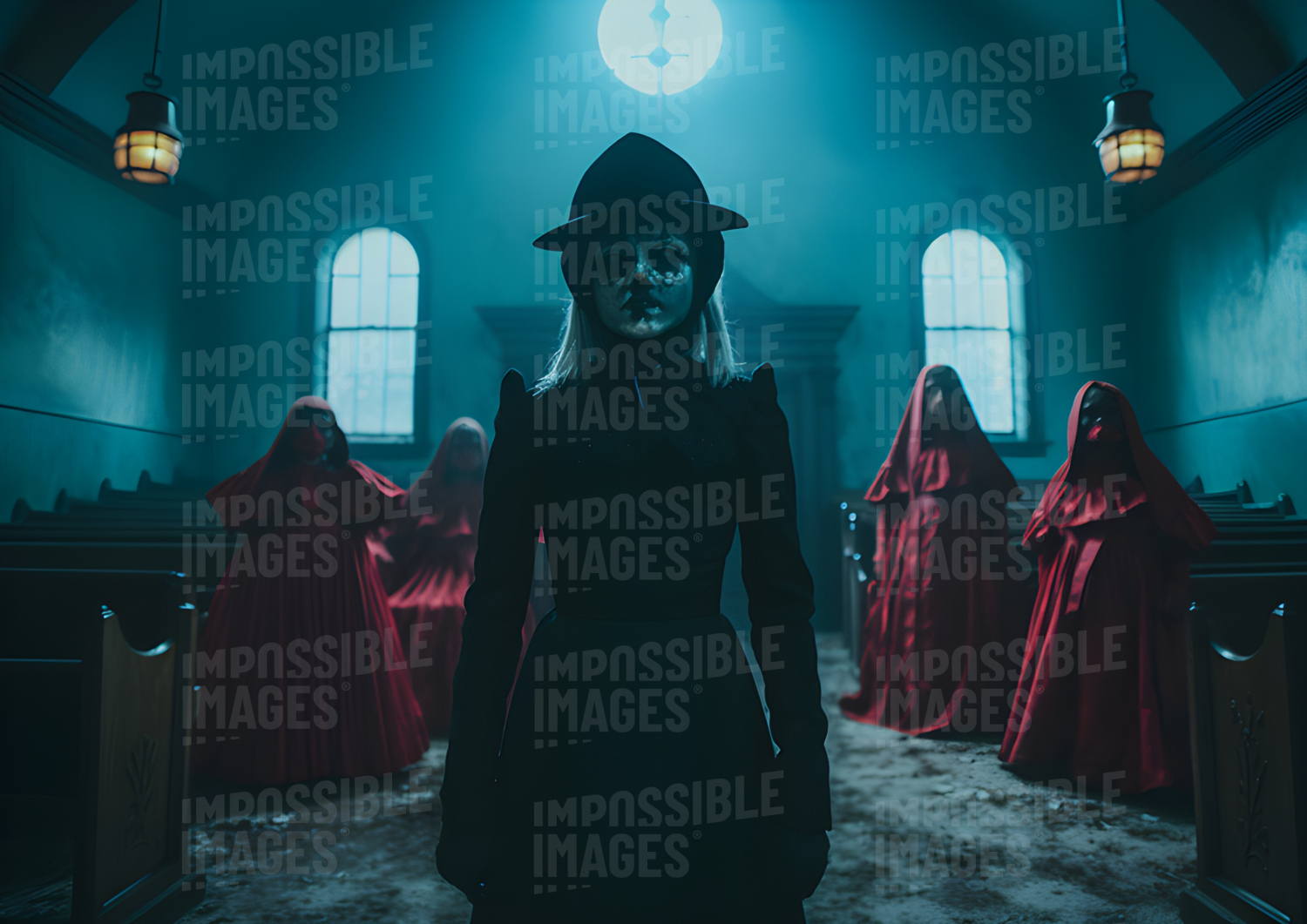 Strange woman in a church with figures in red capes -  A mysterious woman stands in a church, surrounded by figures wearing red capes. Their purpose is unknown.