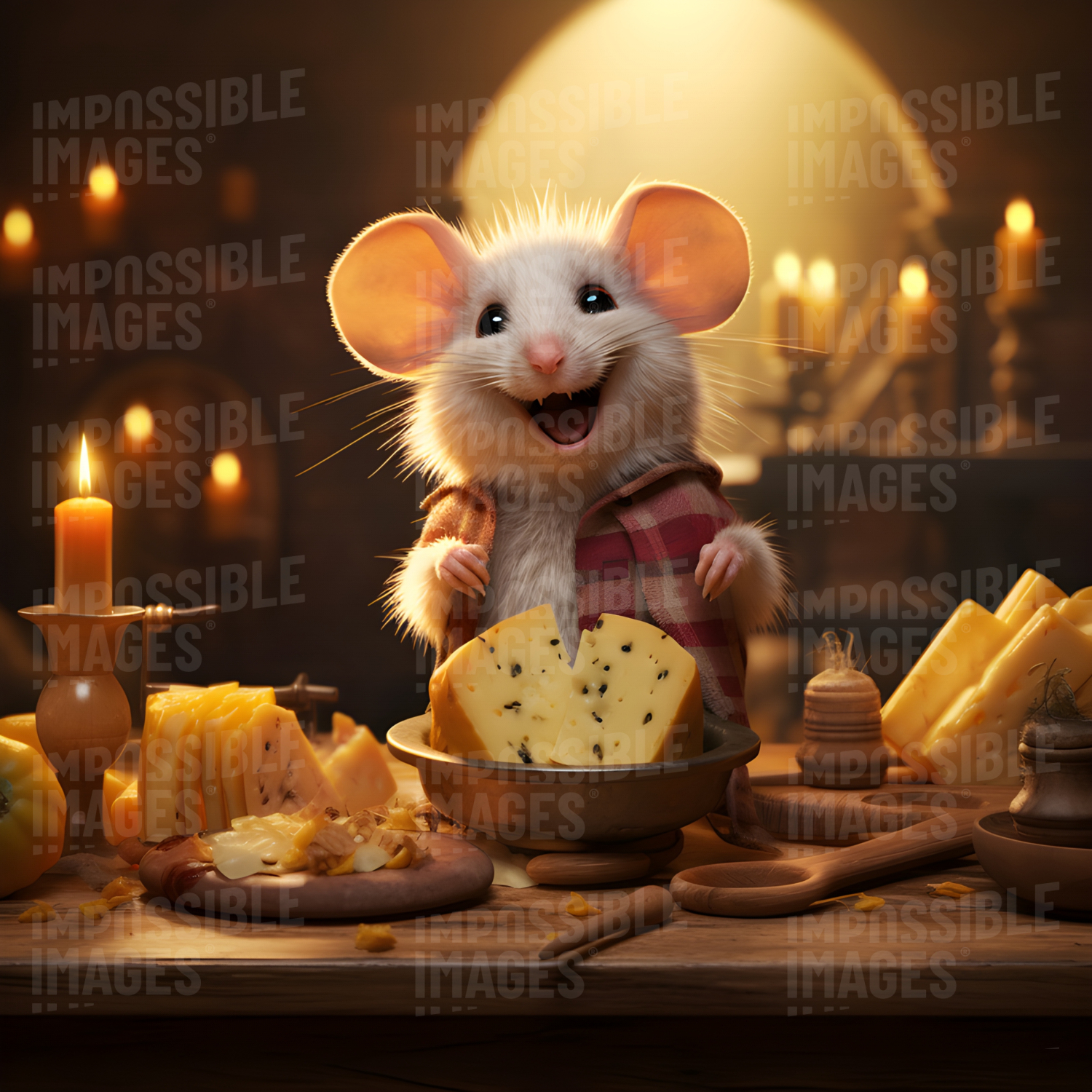 A joyful mouse with a cheeseboard -  A cheerful mouse carrying a board of cheese, smiling with delight at the delicious treat.
