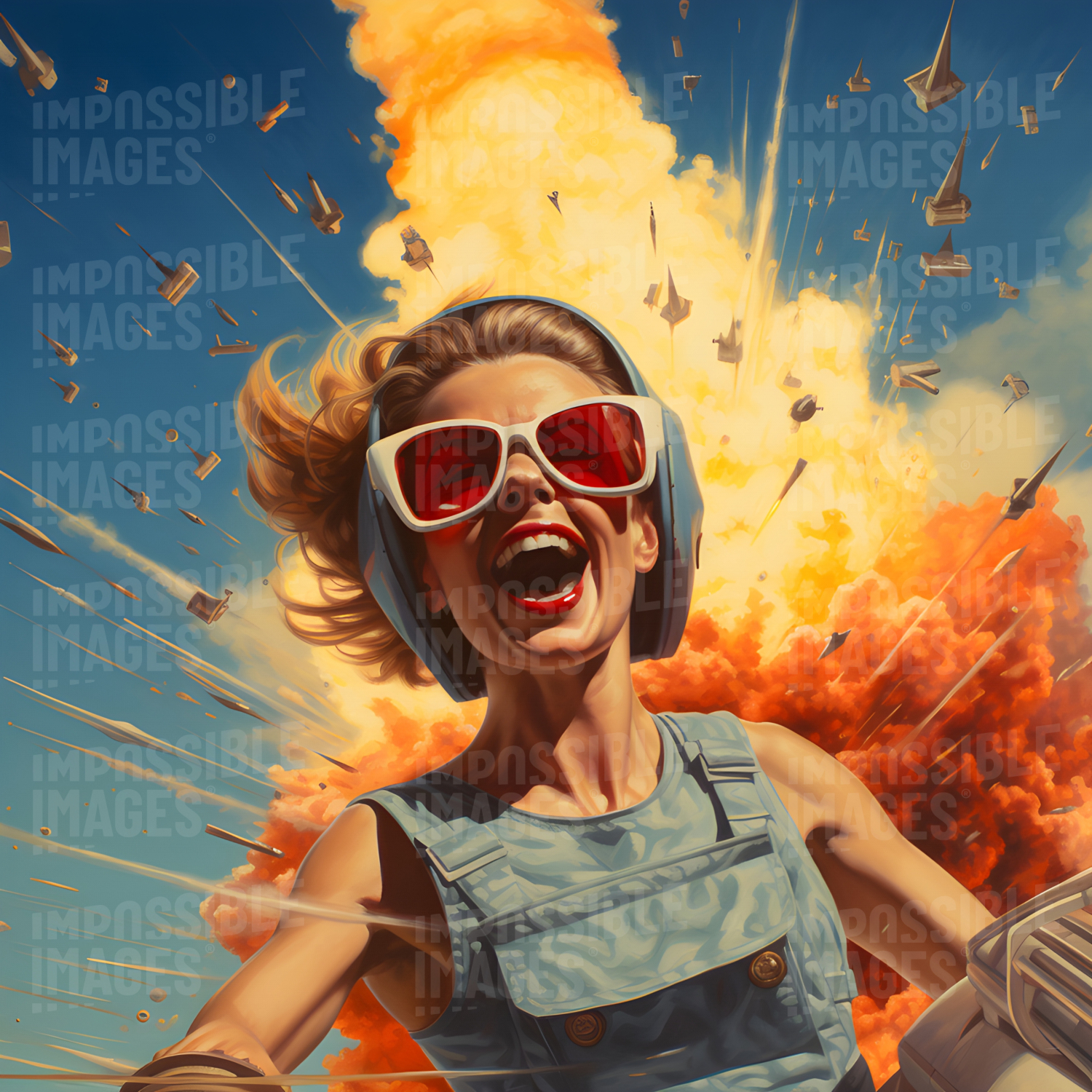 Laughing woman in sunglasses and dungarees with a massive explosion behind her - 